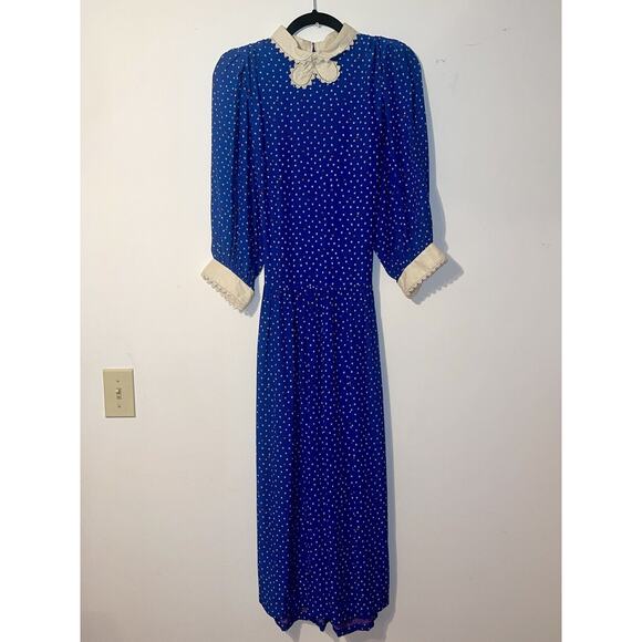 Vintage Blue Dress Polka Dots Peter Pan Collar Whimsical Rare Find - Picture 14 of 16